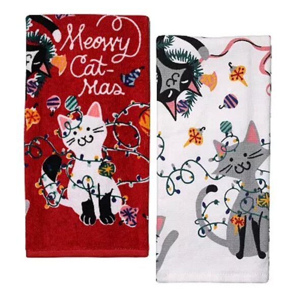 Set of 2 Kitty Christmas Kitchen Towels NWT - Picture 1 of 3